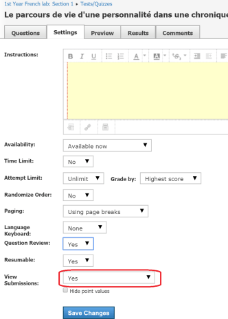 Make sure you select the item circled in red (View Submissions) in order for students to be able to view comments.